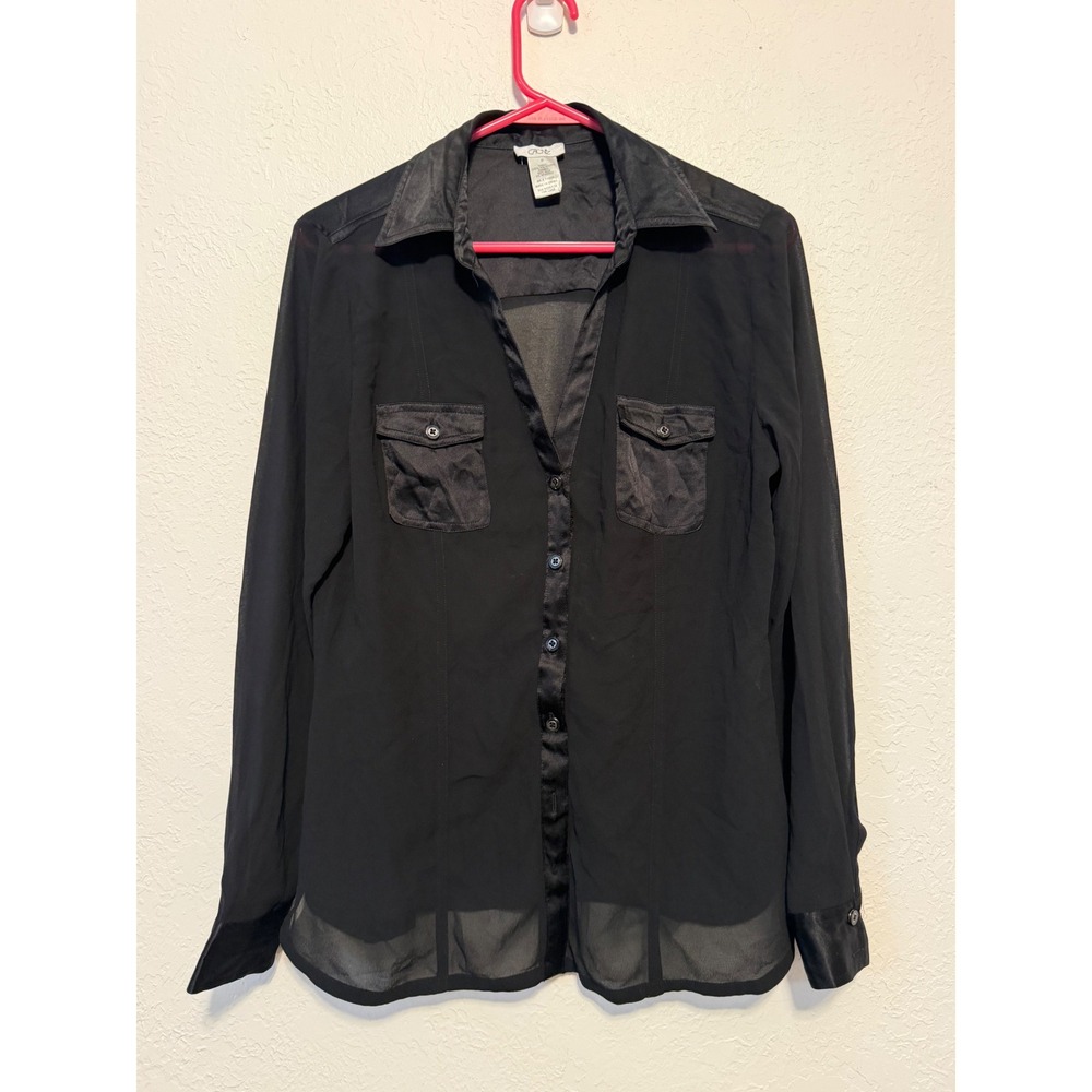 Cache Womens Black Sheer Button Down Blouse Silk Trim Pockets Size M